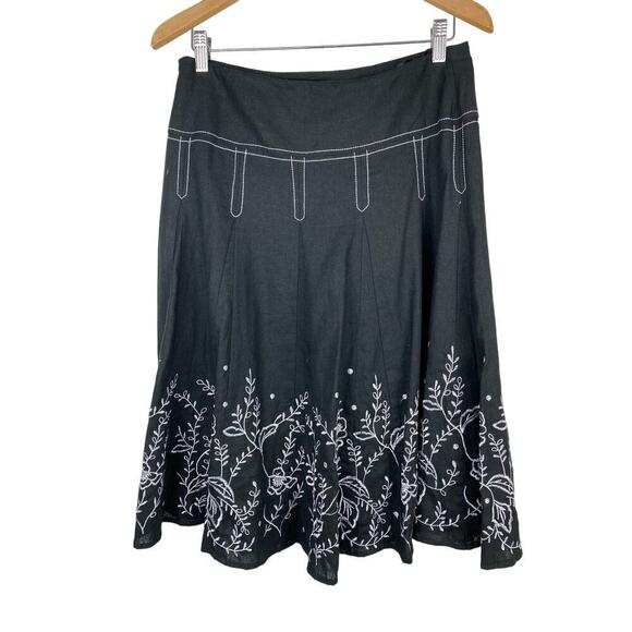 e-col-o-gie Women's 8 Black Embroidered Linen Blend Full A-Line Skirt - Picture 3 of 6